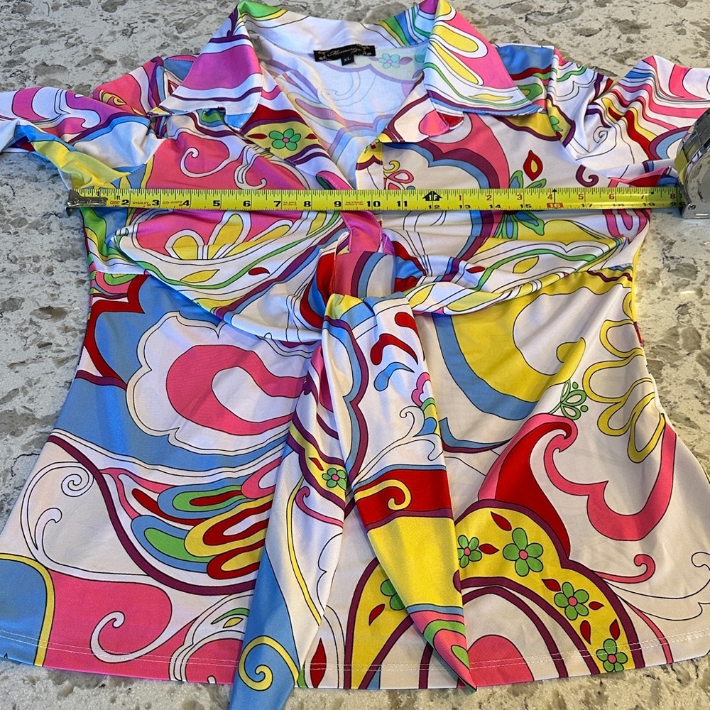 Mesmerize Colorful Floral Tie-Front Blouse Made in US - Picture 4 of 12